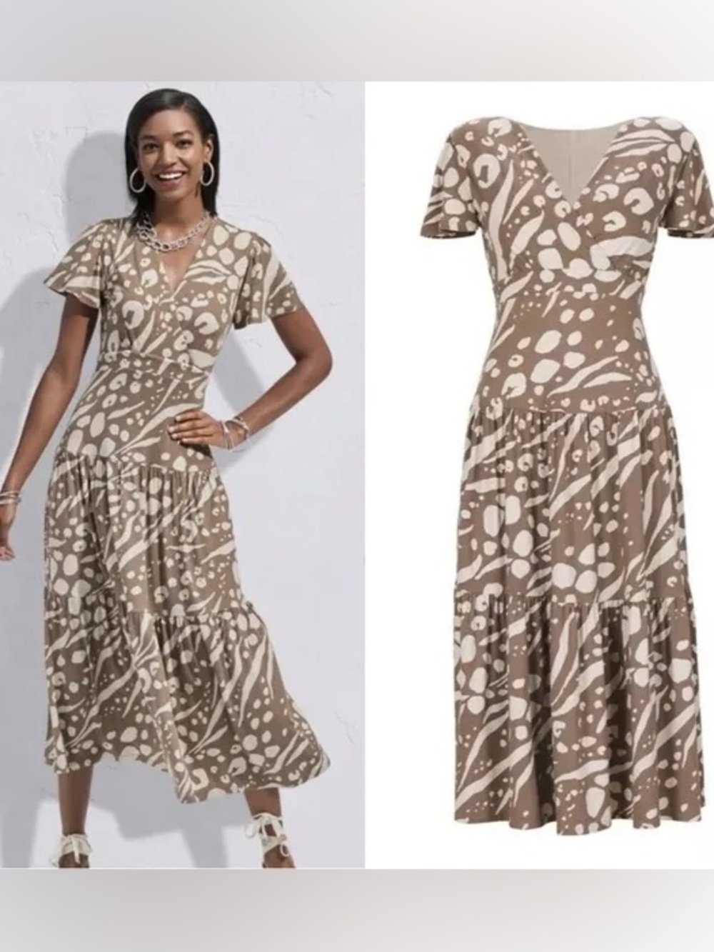 CAbi Swoon Printed V-neck Cutout Back Fit & Flare Midi Dress Taupe Ivory Size S